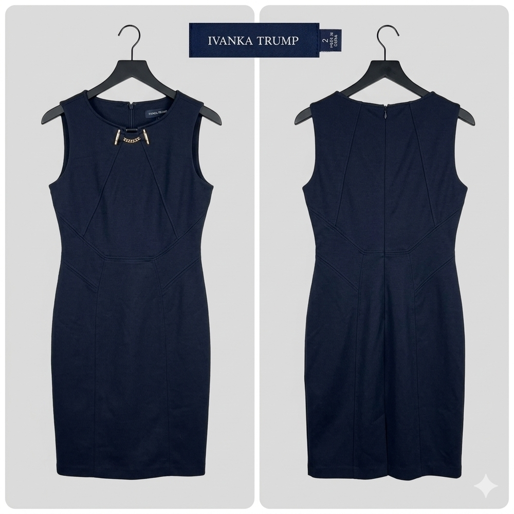 Ivanka Trump Navy Blue Sheath Dress w/ Gold Hardware - Size 2